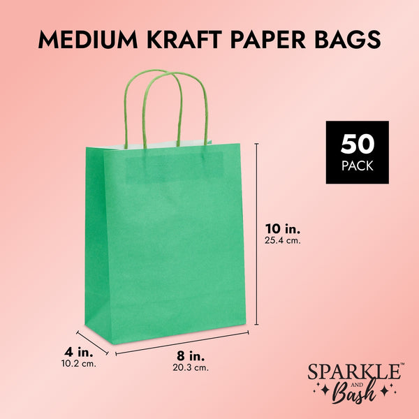 50 Pack Medium Green Gift Bags with Handles, Bulk Set for Birthday Par