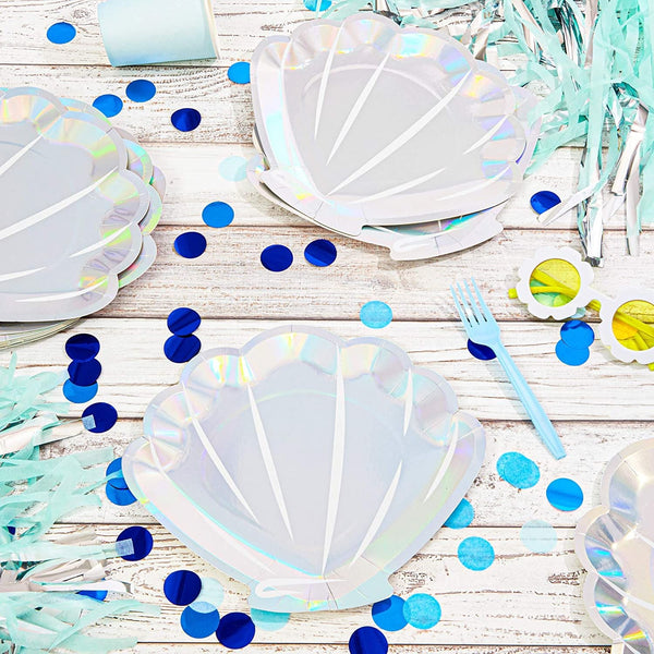 48 Pack Holographic Seashell Plates for Girls Mermaid Birthday Party S