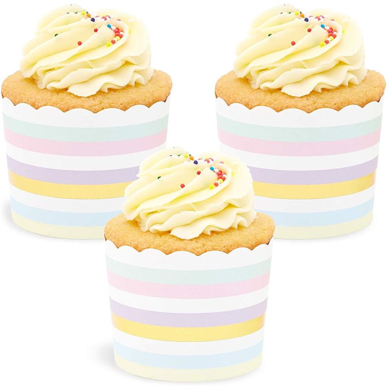 50 Pack Muffin Liners Pastel and Gold Foil Striped Cupcake Wrappers Paper Baking Cups