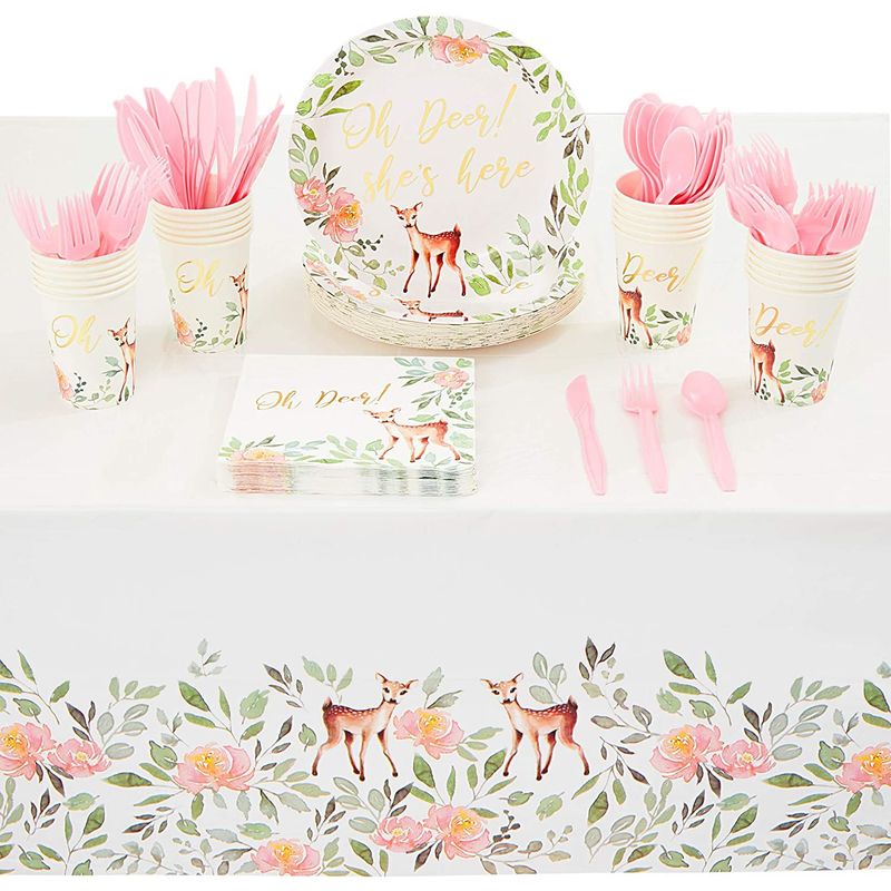 Oh Deer Dinnerware Set with Gold Foil for Baby Shower Serves 24 145 Pieces