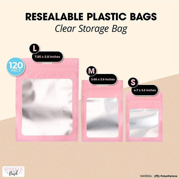Pink Resealable Plastic Bags, Clear Storage Bag (4 x 6 in, 120