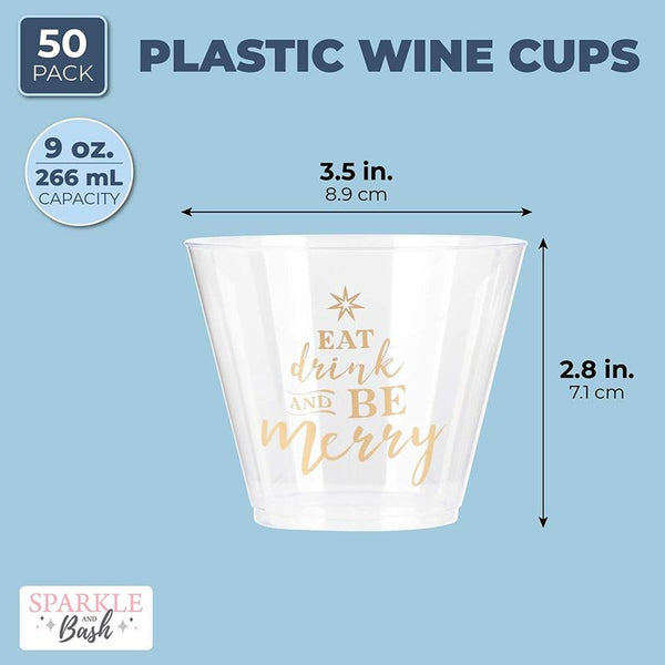 Be Merry Plastic Wine Cups for Christmas (9 oz, 50 Pack) – Sparkle and Bash