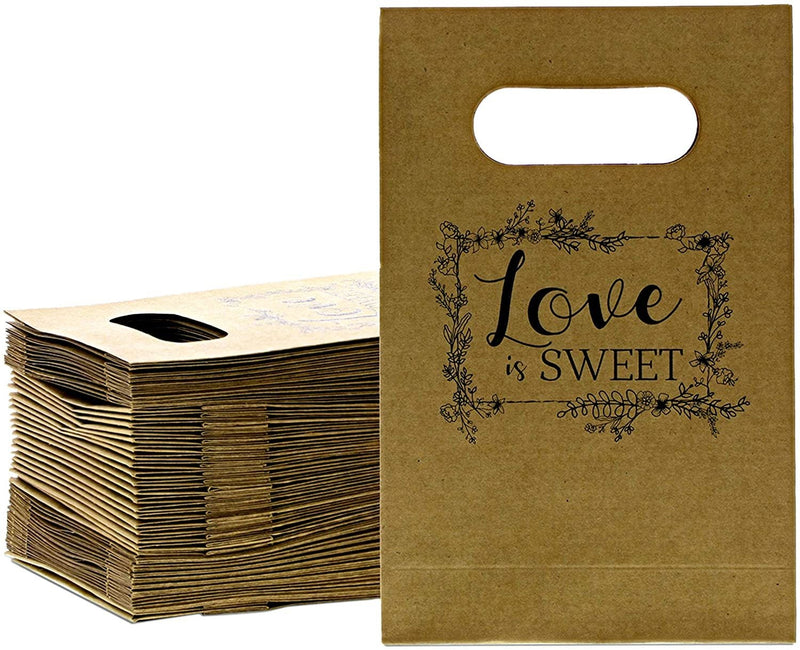 Kraft Wedding Favor Bags with Handles, Love is Sweet (5.5 x 8.5 in, 50 Pack)