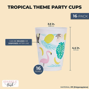 Tropical Party Supplies, Plastic Cups for Luau Birthday Decorations (16 oz, 16 Pack)