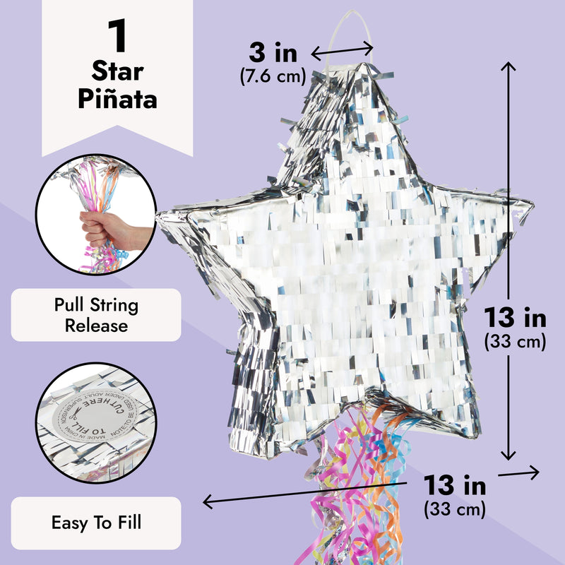 Pull String Star Pinata for Twinkle Twinkle Little Star Gender Reveal Decorations and Birthday Party Supplies (Silver, 13x13x3 in)