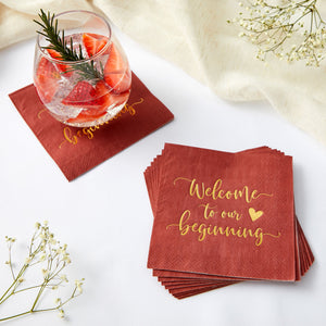 100 Pack Burgundy Wedding Cocktail Napkins Bulk for Reception, Welcome to our Beginning, Gold Foil (5 x 5 In)
