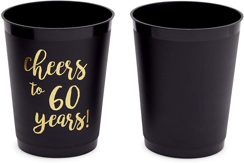 16 Pack Cheers to 60 Years Plastic Party Cups - 60th Birthday Decorations for Men and Women, Anniversaries (Black, 16 oz)