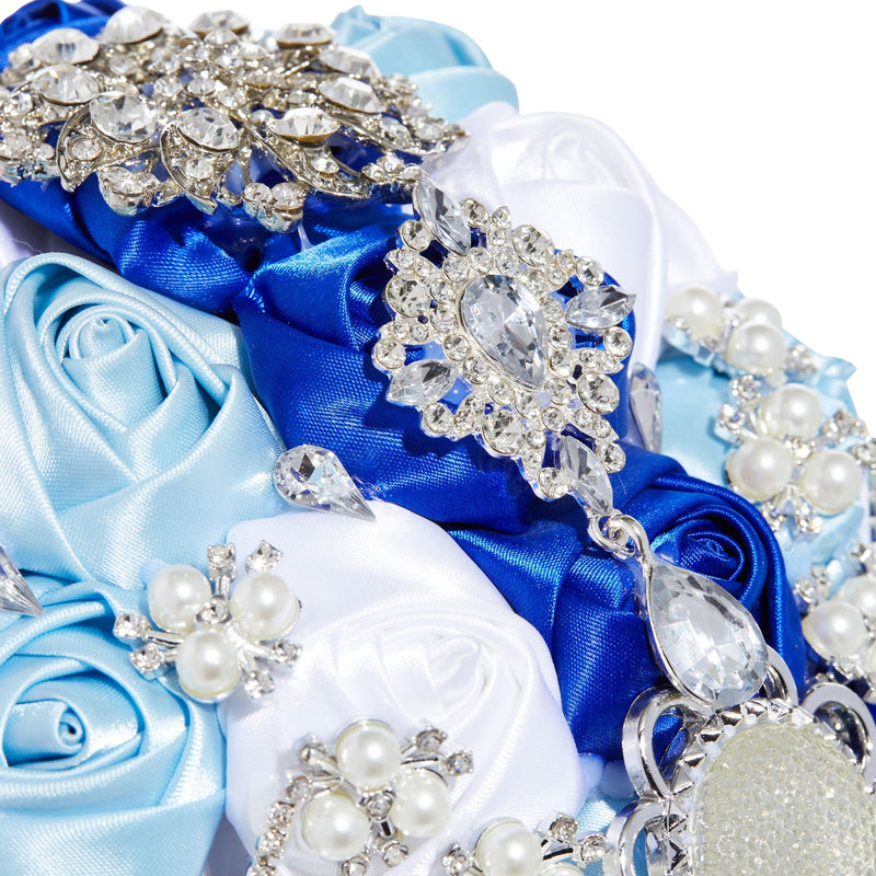 Royal Blue Satin Rose Rhinestone Bridal Bouquet with Brooch for Wedding, Quinceanera (8.5 In)