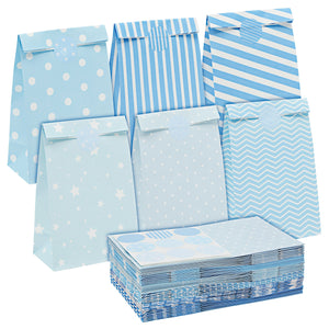 36-Pack Small Light Blue Party Favor Bags, 5.5x3.2x9-Inch Paper Goodie Bags with Stickers for Birthday Party Supplies (6 Designs)