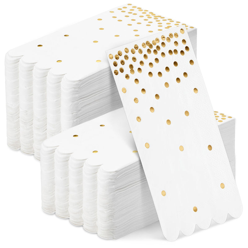 100-Pack White and Gold Scalloped Dinner Napkins - Gold Polka Dot Disposable Paper Napkins for Wedding Reception, Rehearsal Dinner (4x8 In)