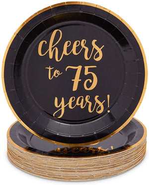 Black Paper Plates for 75th Party, Cheers to 75 Years (9 In, 48 Pack)