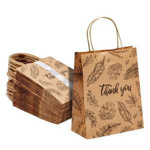 50 Pack Kraft Thank You Paper Bags with Handles for Gifts, Party Favors, Boutique, Leaf Design (8x10x4 In)