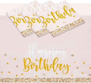 Pink and Gold Plastic Party Tablecloth, Happy Birthday (54x108 In, 3 Pack)