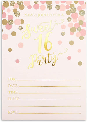 36-Pack Sweet 16 Birthday Party Invitations With Envelopes for RSVP Party (Pink & Gold, 7 x 5 In)
