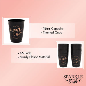 Black and Gold 21st Birthday Party Cups, Reusable Plastic Tumblers (16 oz, 16 Pack)