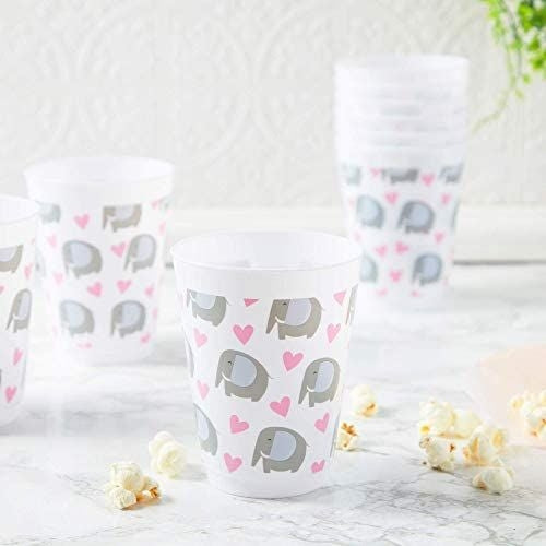 16 oz Plastic Tumbler Cups, Elephant Baby Shower Decorations for Girl (16 Pack)