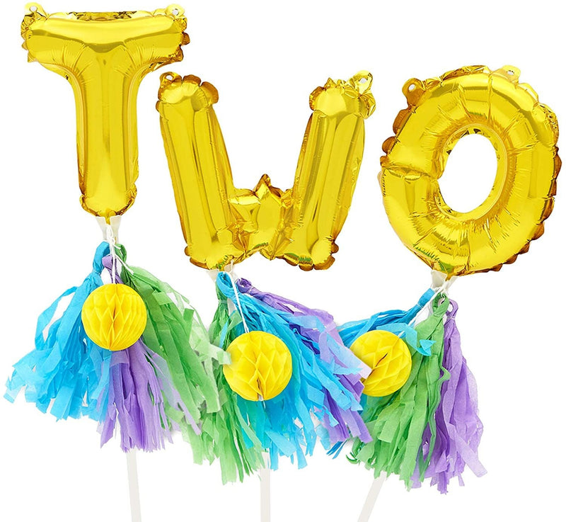 Metallic Gold Foil "Two" Letter Balloons Cake Topper with Tassel for 2nd birthday Party Decorations,7.5 inch