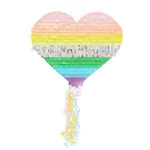 Pull String Rainbow Heart Pinata for Pastel Birthday Party Decorations (Small, 15.7 x 13 x 3 In)