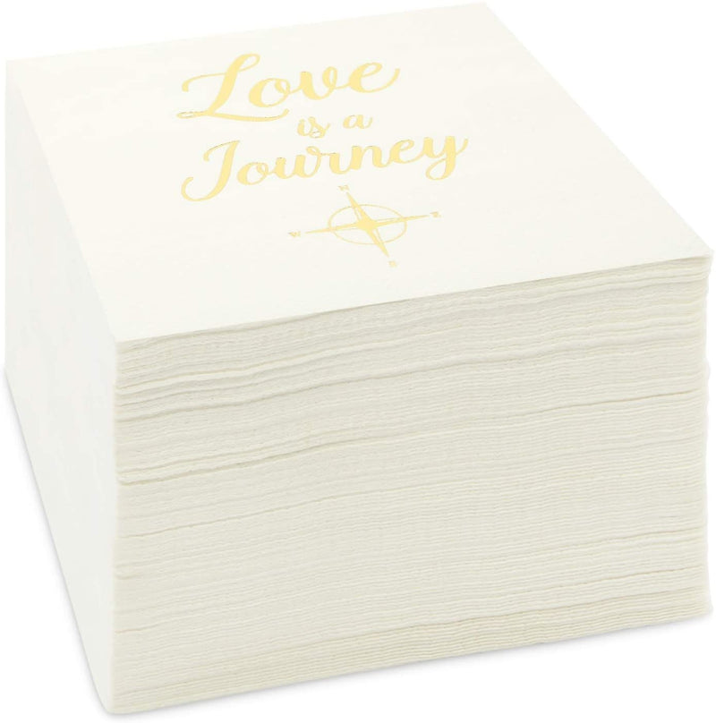 Wedding Cocktail Napkins, Love is a Journey, Gold Foil (5 x 5 In, 100 Pack)