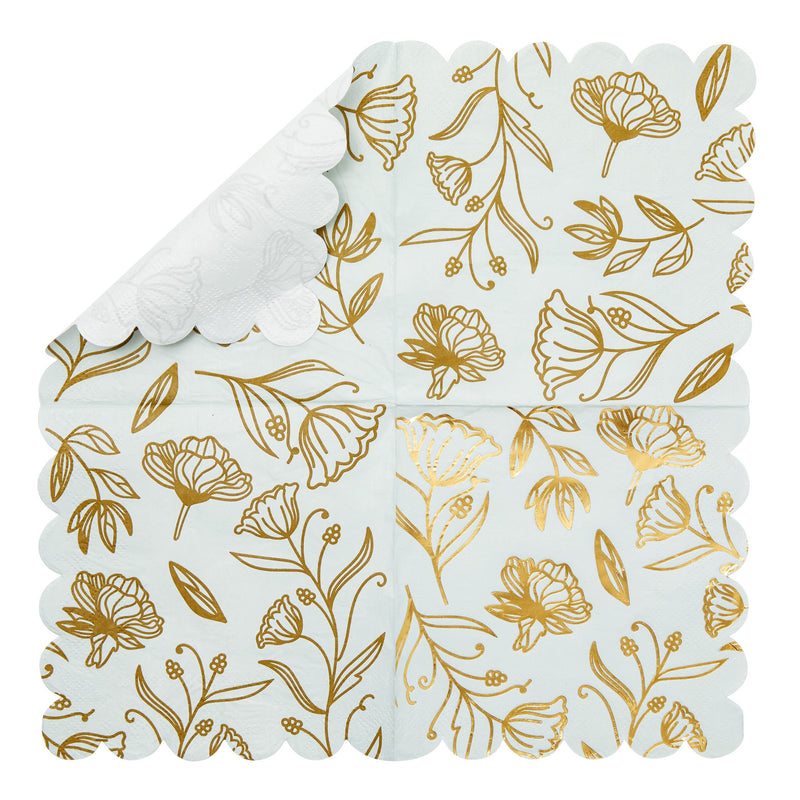 50-Pack Blue Paper Napkins with Gold Foil Floral Design and Scalloped Edges for Weddings, Baby Showers, and Bridal Showers (3-Play, 5x5 in)