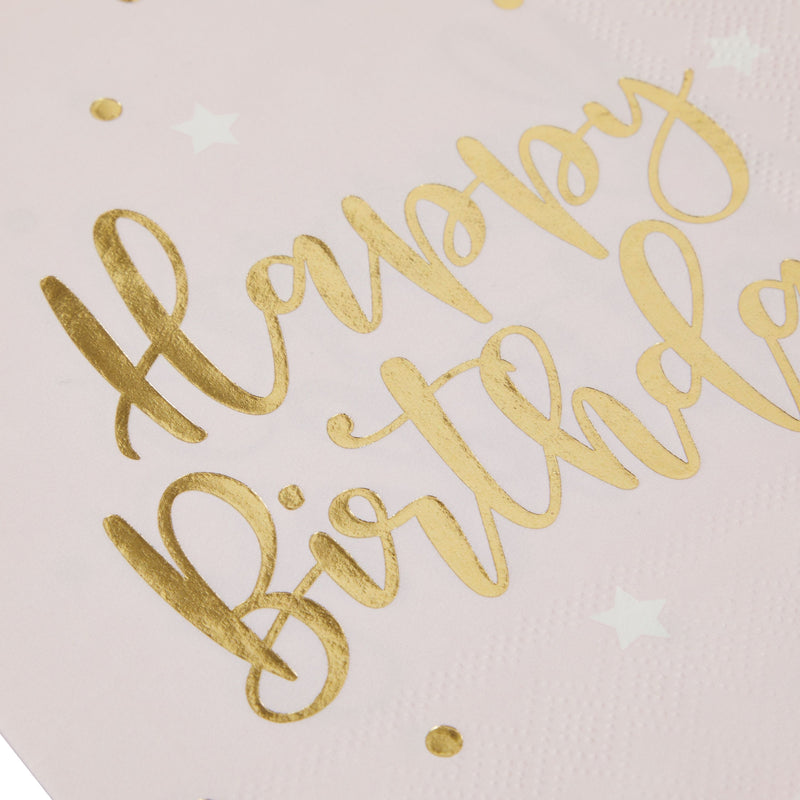 50 Pack Disposable Pink Happy Birthday Napkins with Gold Foil Stars for Party Supplies (6.5 x 6.5 In)