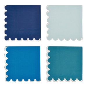 100-Pack Disposable Paper Cocktail Napkins with Scalloped Edges, 5x5-Inch Bulk Serviettes in 4 Shades of Navy Blue with Silver Foil Trim