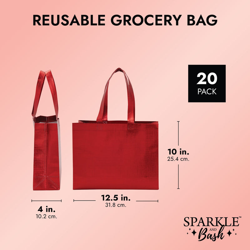 20-Pack Non-Woven Reusable Shopping Bags with Handles, 10x3.9x12.6-Inch Metallic Red Tote Bags for Groceries and Gifts