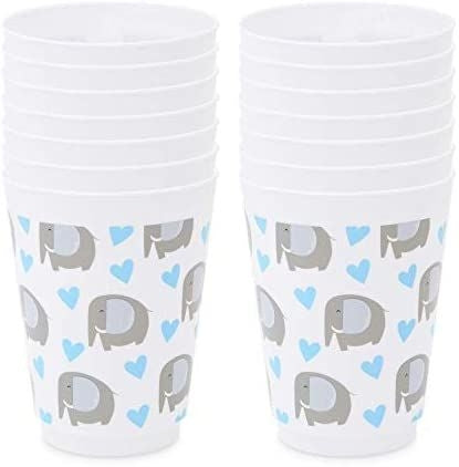 16 oz Plastic Tumbler Cups, Blue Elephant for Boys Baby Shower Theme (16 Pack)