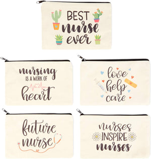 5-Pack Canvas Makeup Bags for Nurse Appreciation Gifts, Cosmetic Pouches (9" x 6")