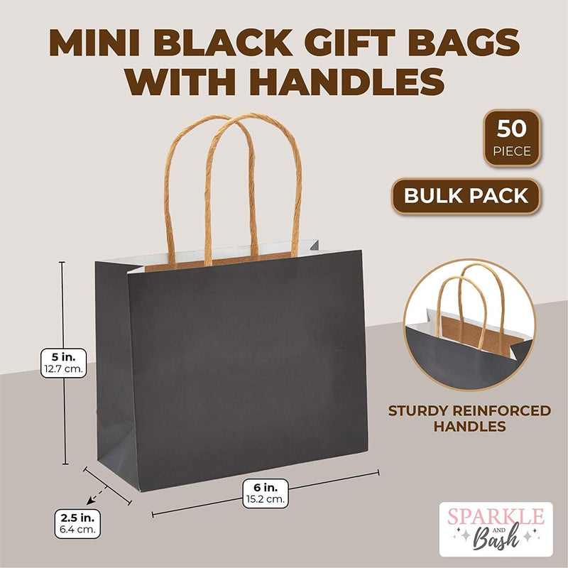 50 Pack 6.5x2.5 Small Black Gift Bags with Handles, Mini Party Favor Bags for Wedding, Birthday