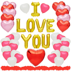 48 Piece I Love You Heart Balloon Set with 1000 Silk Rose Petals for Valentines, Anniversary, and Marriage Proposal