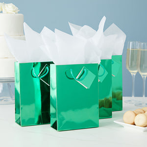 20-Pack Small Metallic Gift Bags with Handles, 5.5x2.5x7.9-Inch Paper Bags with Foil Coating, White Tissue Paper Sheets, and Tags for Small Business (Green)