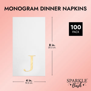 Gold Foil Initial Letter J White Monogram Paper Napkins (4 x 8 In, 100 Pack)
