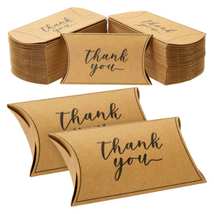100-Pack Wedding Favor Pillow Boxes, Bulk 5.2x3.2-Inch Kraft Paper Thank You Gift Boxes with 1 Roll Jute String for Party Favors (Brown with Black Script)