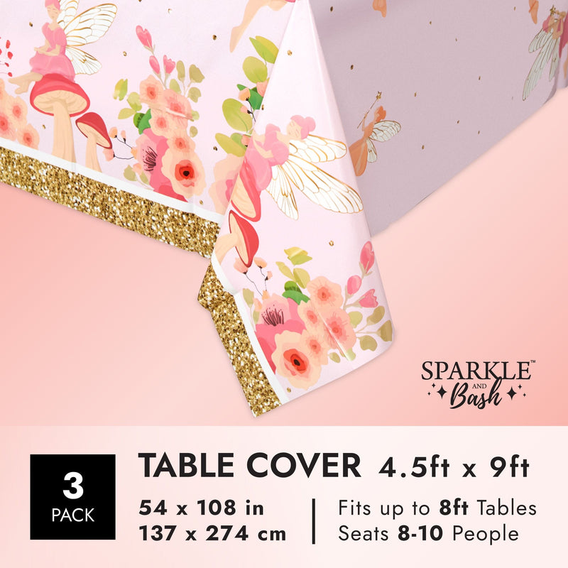 Fairy Tea Party Tablecloths for Girls Floral Birthday Supplies (54 x 108 In, 3 Pack)