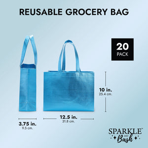 20-Pack Non-Woven Reusable Shopping Bags with Handles, 10x3.9x12.6-Inch Metallic Blue Tote Bags for Groceries and Gifts