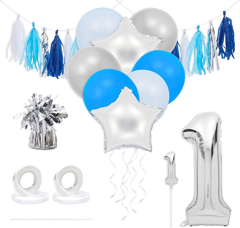 Blue & Silver Boy 1st Birthday Party Decorations, Balloons, Cake Topper and Tassels