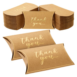 100-Pack Wedding Favor Pillow Boxes, Bulk 5.2x3.2-Inch Kraft Paper Thank You Gift Boxes with 1 Roll Jute String for Party Favors (Brown with Gold Script)