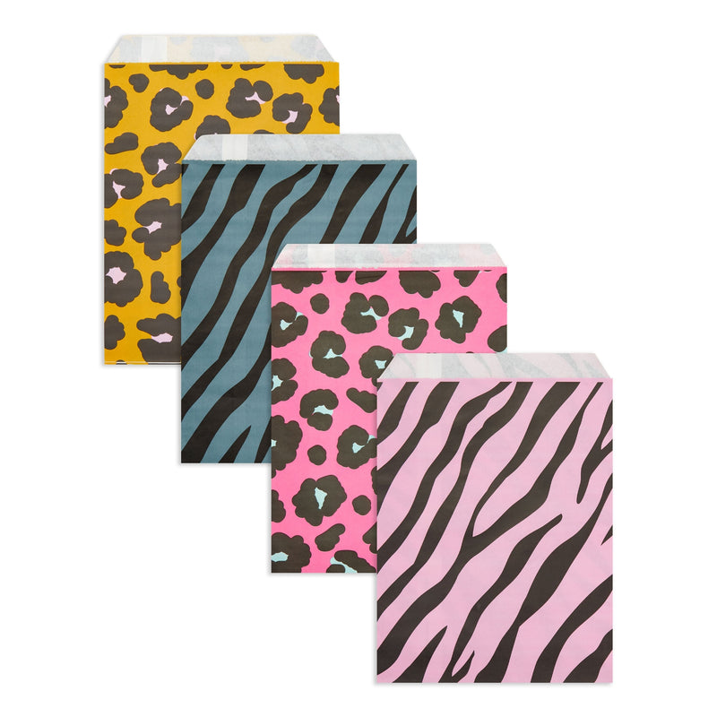 Animal Print Paper Goodie Bags for Safari Birthday Party Favors, 4 Assorted Designs (5 x 7.5 In, 100 Pack)