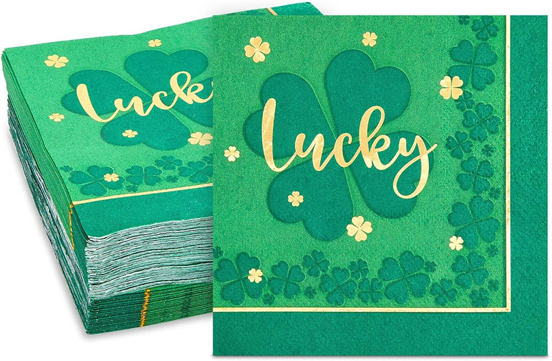 St Patrick's Party Napkins, Green Four Leaf Clover-Themed Lucky Design (5 In, 50 Pack)