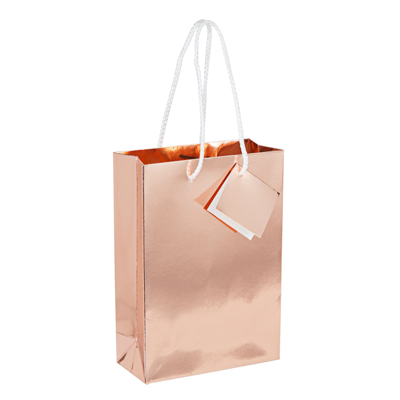 20-Pack Small Metallic Gift Bags with Handles, 5.5x2.5x7.9-Inch Paper Bags with Foil Coating, White Tissue Paper Sheets, and Tags for Small Business (Rose Gold)