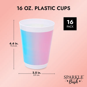 Reusable Plastic Tumbler Cups, Pastel Rainbow Party Supplies (16 oz, 16 Pack)