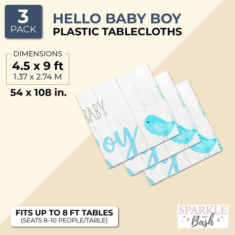 3 Pack Hello Baby Boy Plastic Table Covers for Baby Shower Decorations for Boys, Rustic Brid Design (Blue, 54 x 108 In)