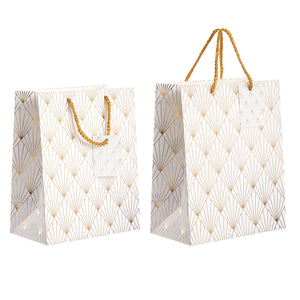 16-Pack Medium White and Gold Gift Bags with Handles & Tags for Weddings Baby Bridal Showers Birthday Party Favors, 4 Geometric Foil Designs (8 x 10 x 4.5 Inch)