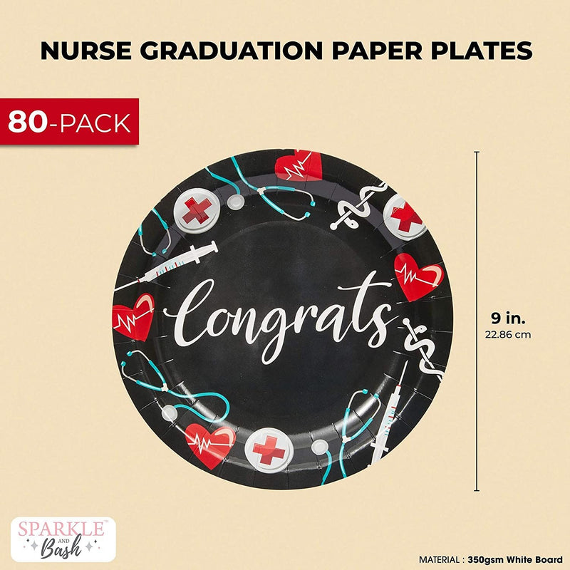 80 Pack Nurse Paper Plates for Nursing Graduation Party Supplies, Congrats and Medical Symbol Designs, for Student Nurses, Doctors, Medical Professionals (9-Inch Diameter)