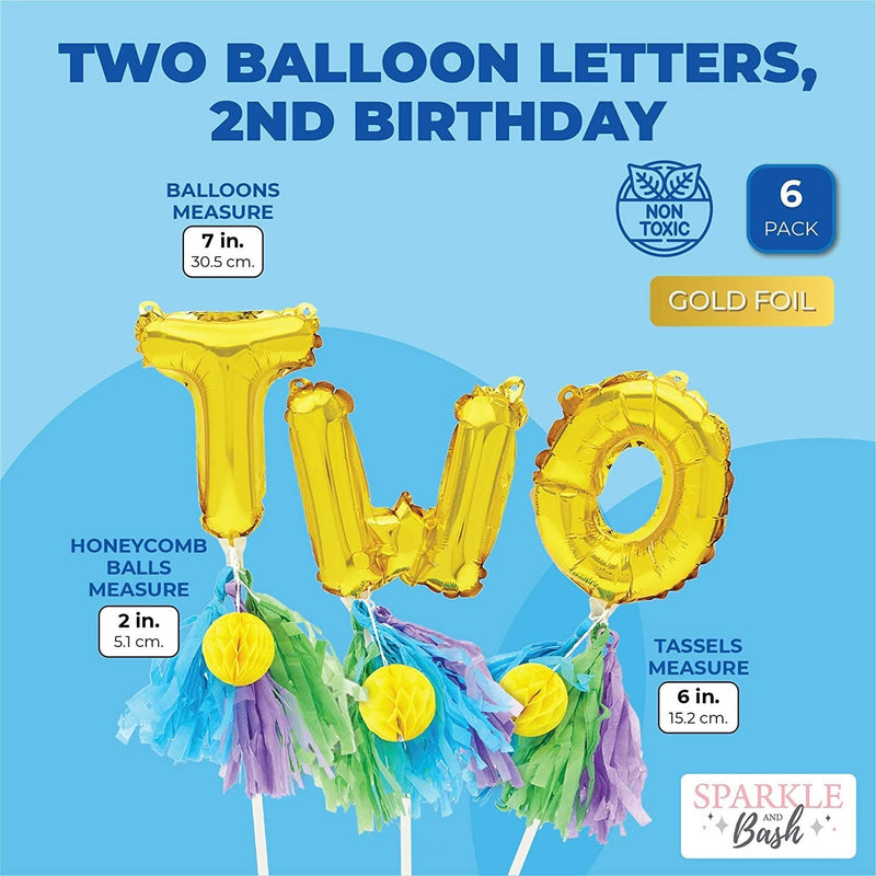 Metallic Gold Foil "Two" Letter Balloons Cake Topper with Tassel for 2nd birthday Party Decorations,7.5 inch