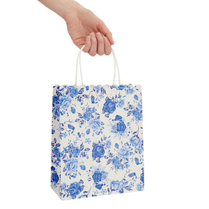 24-Pack Floral Gift Bags, 8x4x10-Inch Medium Size Gift Bags with Handles, Paper Bags with Colorful Rose Flower Print (Blue)
