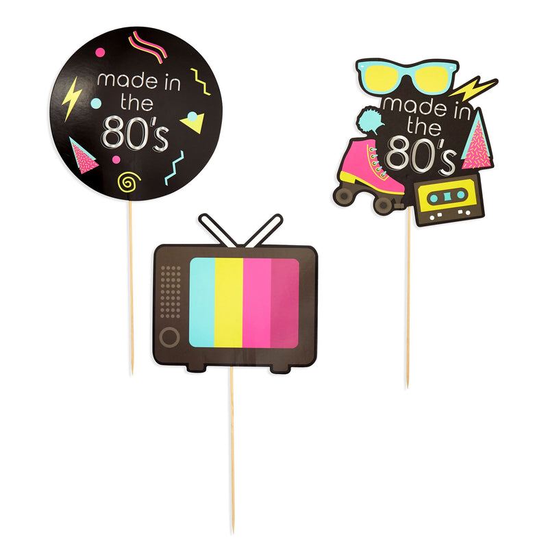 80s Party Decorations Centerpieces, Colorful Stick Table Toppers, 6 Retro Designs (30 Pieces)