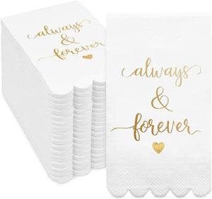 100 Pack White Napkins for Wedding Reception with Gold Foil Scalloped Edges, Always and Forever (3-Ply, 4 x 8 In)