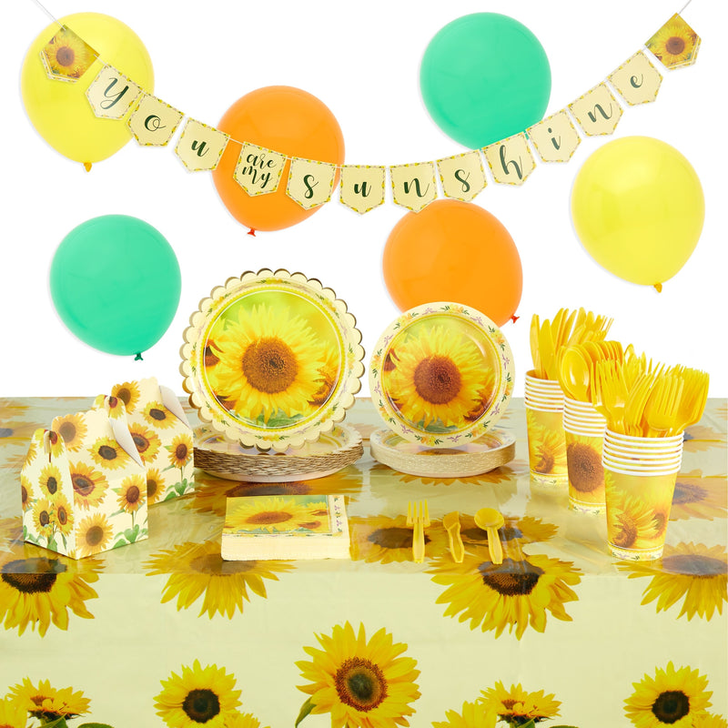 Serves 24 Sunflower Party Supplies & Yellow Decorations, Baby Shower Paper Plates, Napkins, Tablecloth, You Are My Sunshine Banner